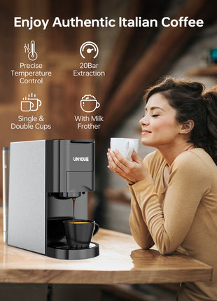 2-in-1 Coffee Maker, 20 Bar Espresso Machine Compatible for Capsules/Ground Coffee